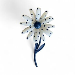 Polka Dot Flower Brooch, Vintage, Navy and White.